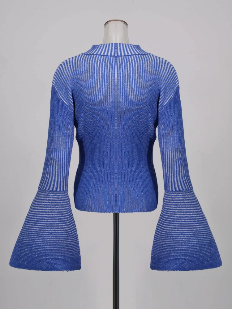 TWOTWINSTYLE Hit Color Striped Stand Collar Ruffle Sleeve Sweater