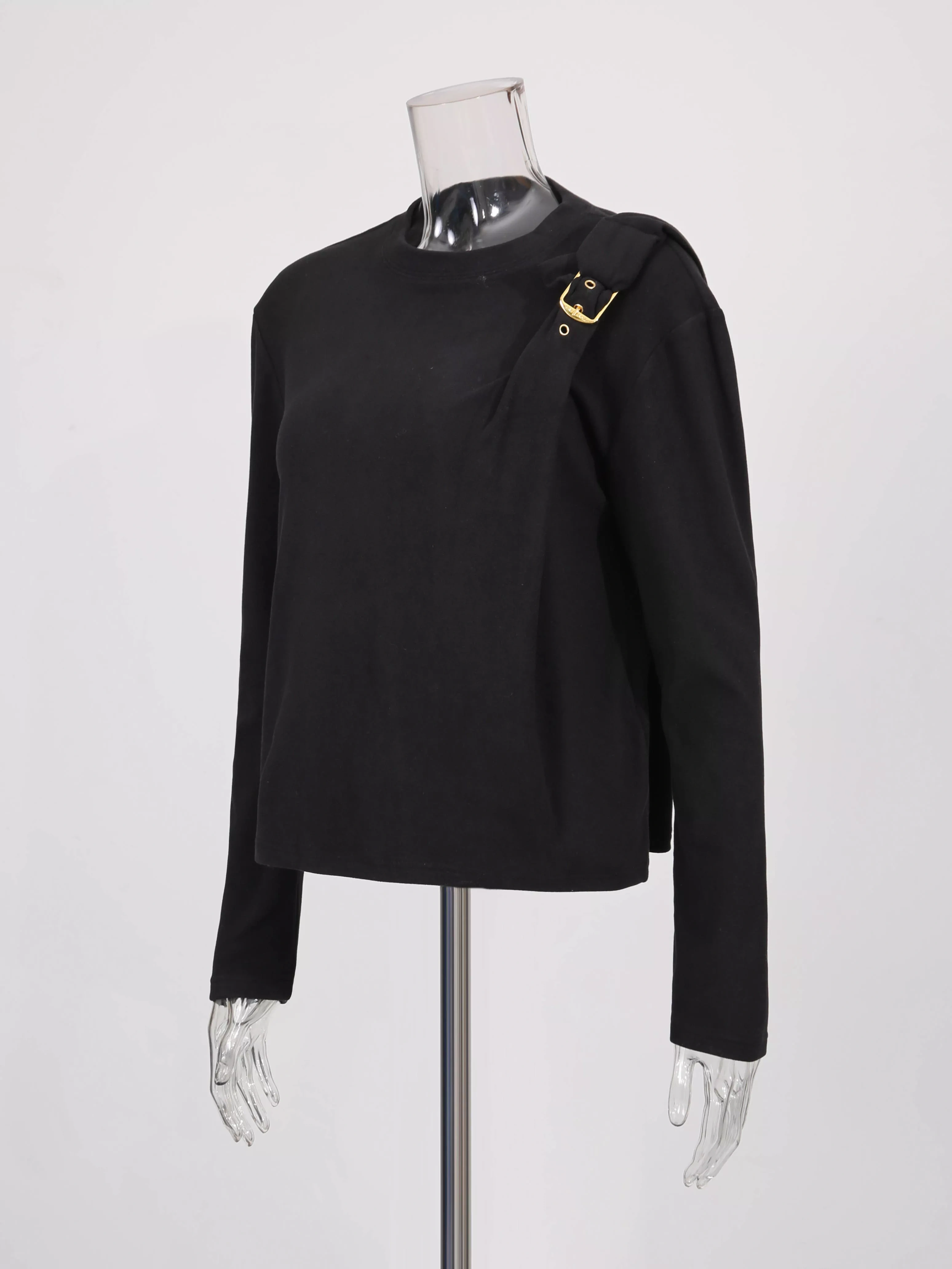 TWOTWINSTYLE Solid Chic Round Neck Spliced Metal Buttons T-shirt