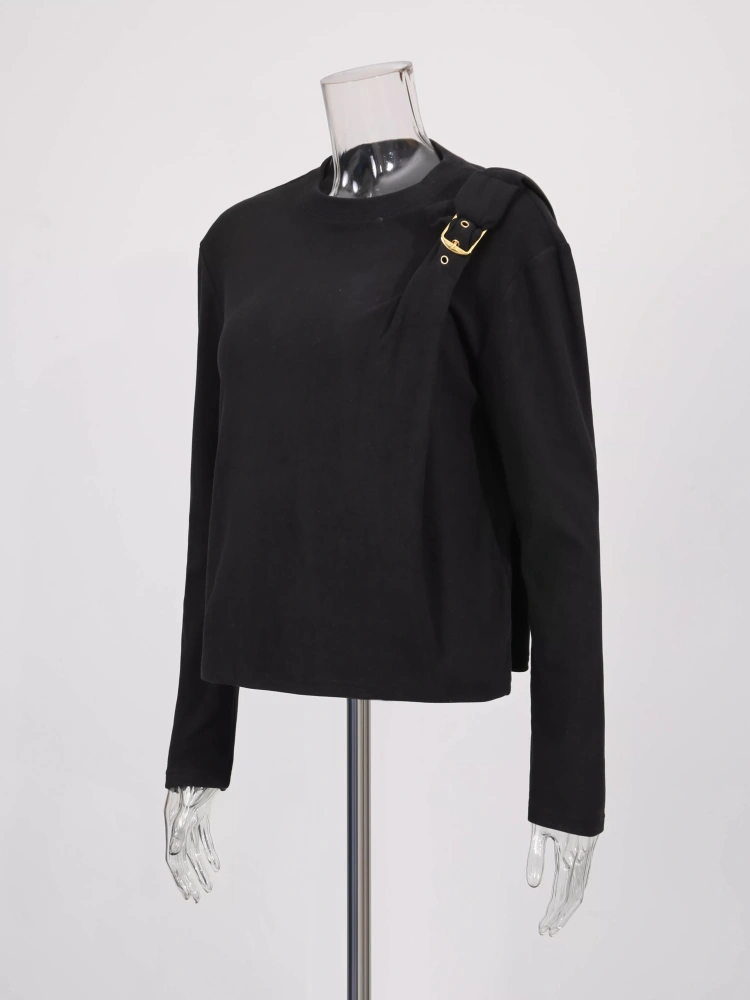 TWOTWINSTYLE Solid Chic Round Neck Spliced Metal Buttons T-shirt