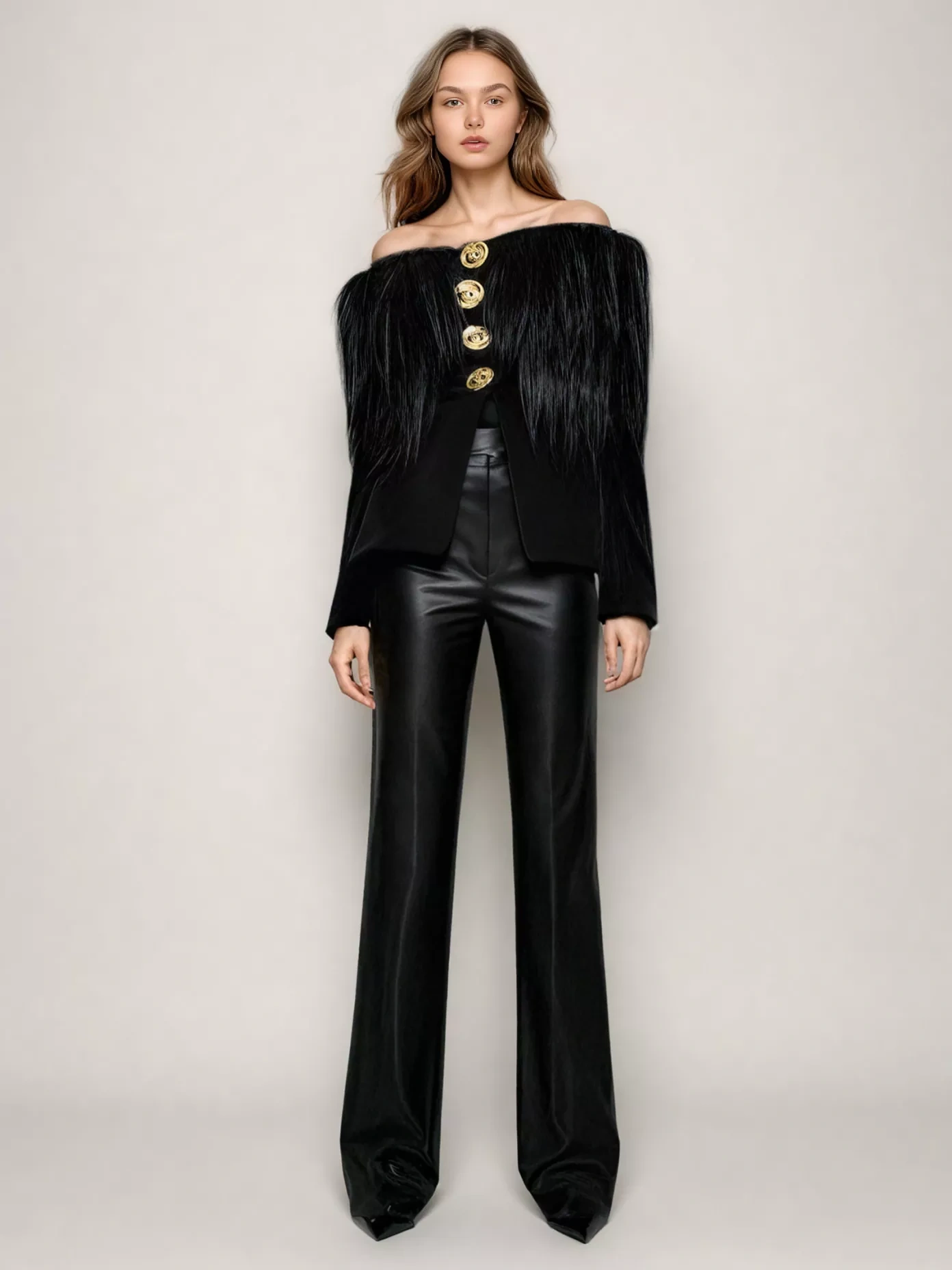 TWOTWINSTYLE Solid Temperament Off Shoulder Patchwork Fur Buttons Jacket