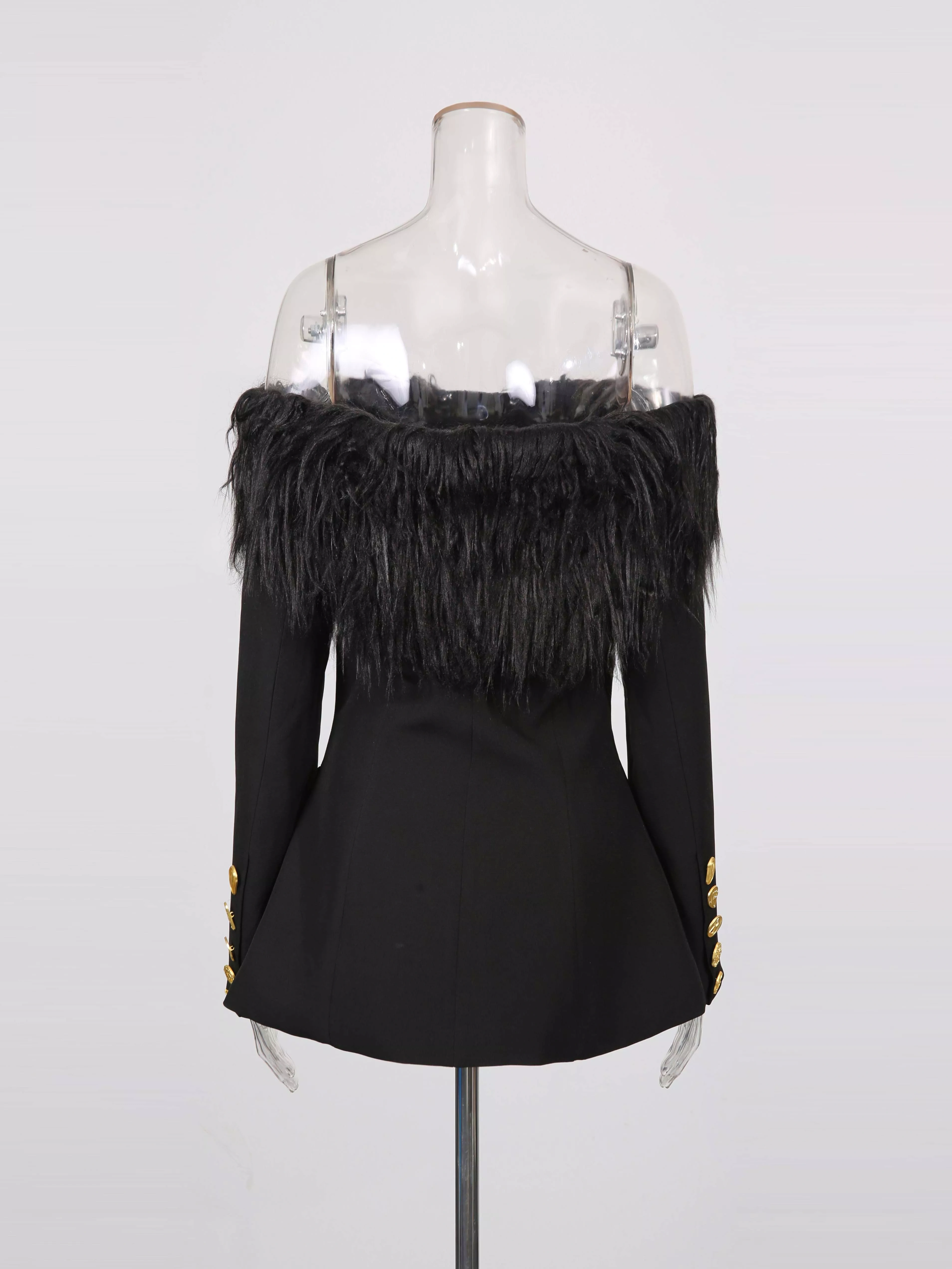 TWOTWINSTYLE Solid Temperament Off Shoulder Patchwork Fur Buttons Jacket