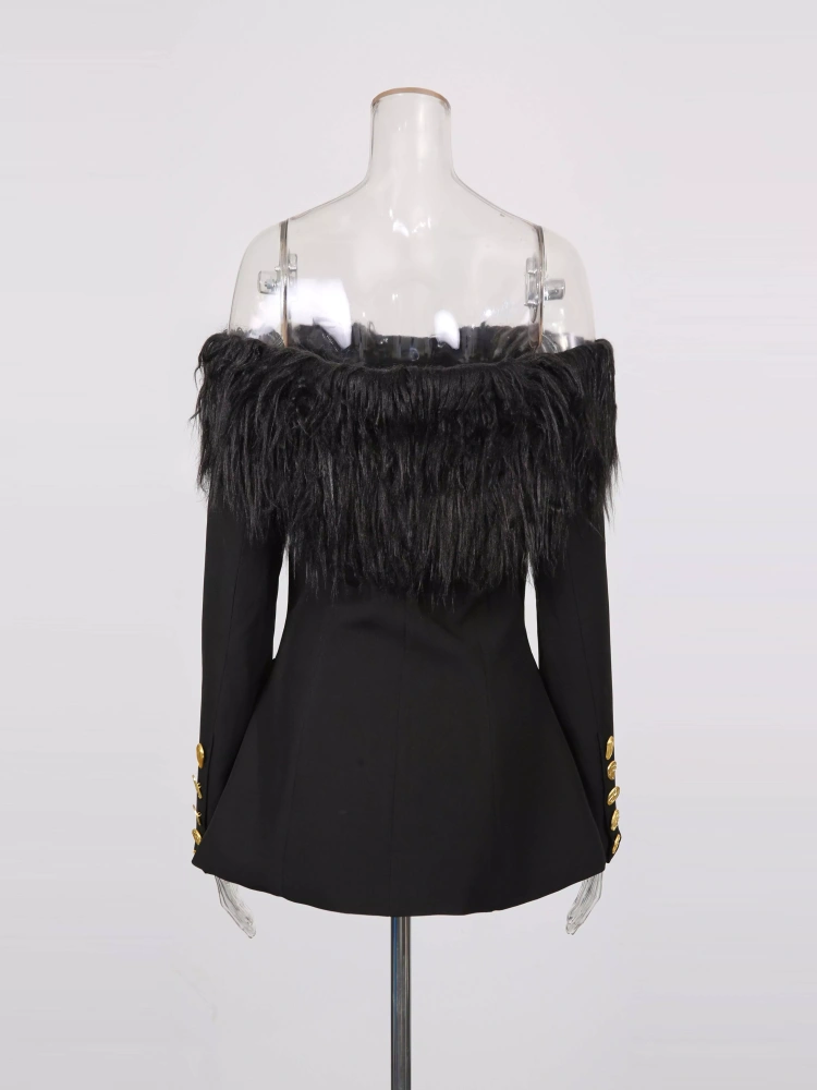 TWOTWINSTYLE Solid Temperament Off Shoulder Patchwork Fur Buttons Jacket