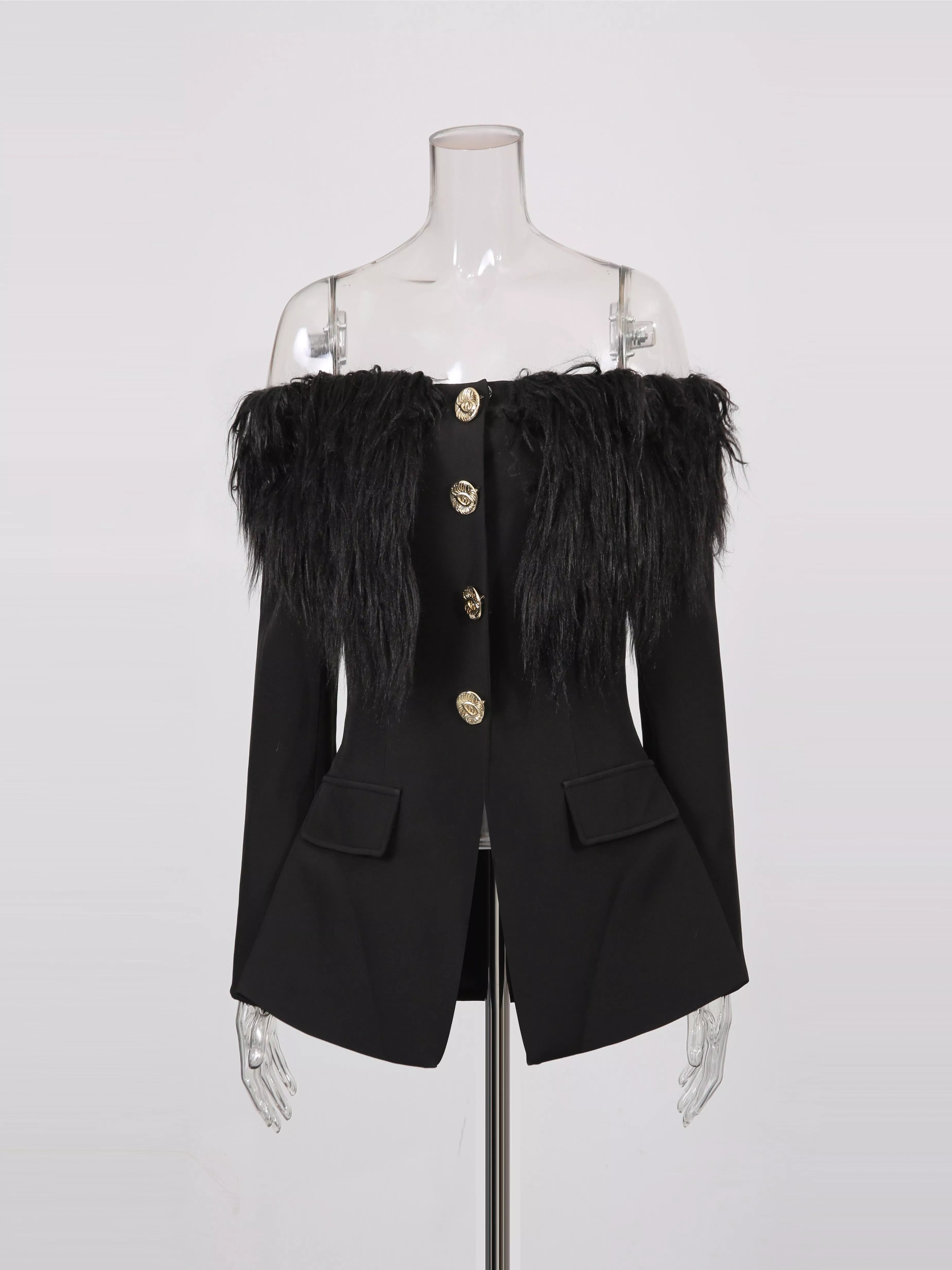 TWOTWINSTYLE Solid Temperament Off Shoulder Patchwork Fur Buttons Jacket