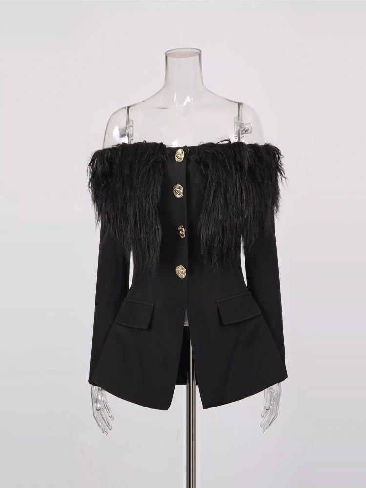 TWOTWINSTYLE Solid Temperament Off Shoulder Patchwork Fur Buttons Jacket