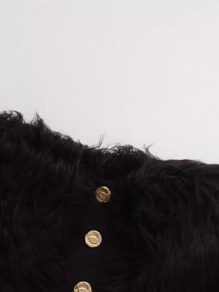 TWOTWINSTYLE Solid Temperament Off Shoulder Patchwork Fur Buttons Jacket