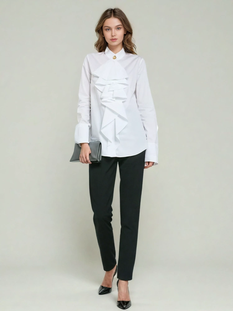 TWOTWINSTYLE Vintage Stand Collar Spliced Ruffles Buttons Shirts