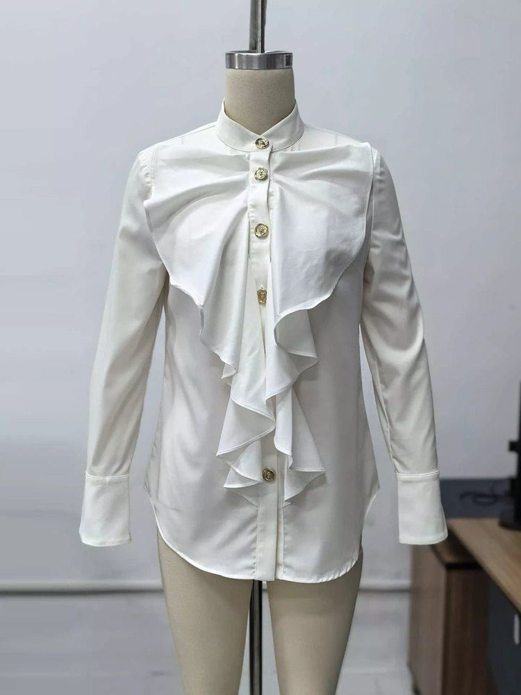 TWOTWINSTYLE Vintage Stand Collar Spliced Ruffles Buttons Shirts
