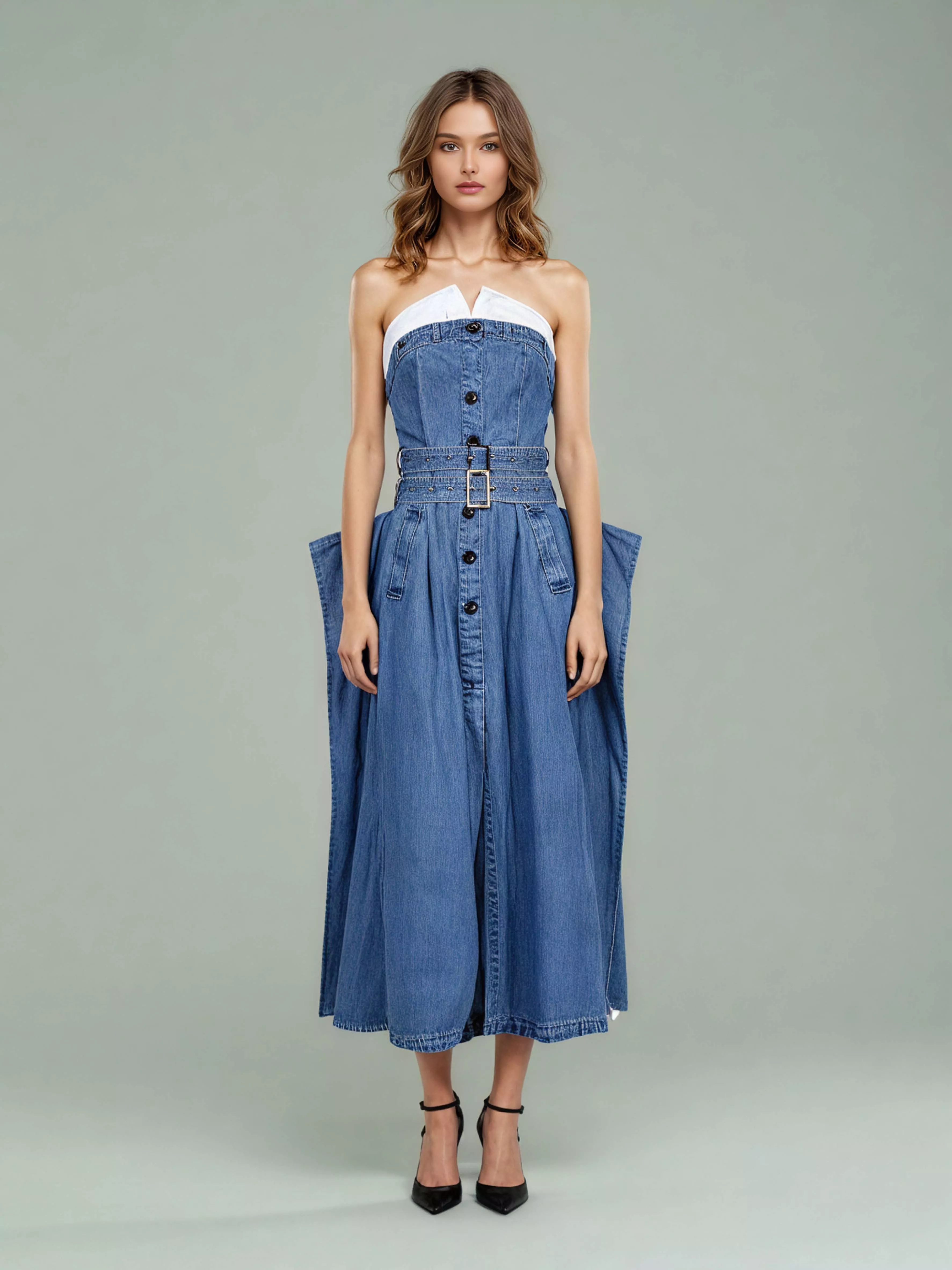 Teotwin Style TWOTWINSTYLE Hit Color Off Shoulder Irregular Spliced Lace Up Midi Dress
