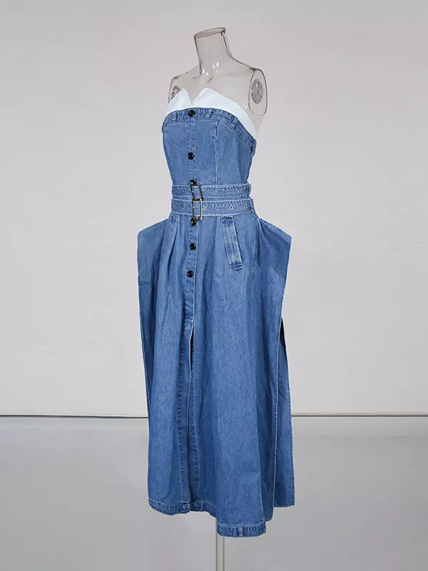 Teotwin Style TWOTWINSTYLE Hit Color Off Shoulder Irregular Spliced Lace Up Midi Dress