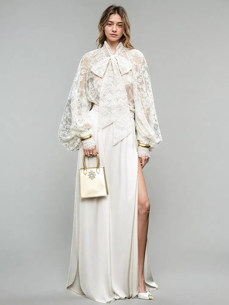 TWOTWINSTYLE Elegant Solid Side Split Patchwork Lace Up Two Piece Set