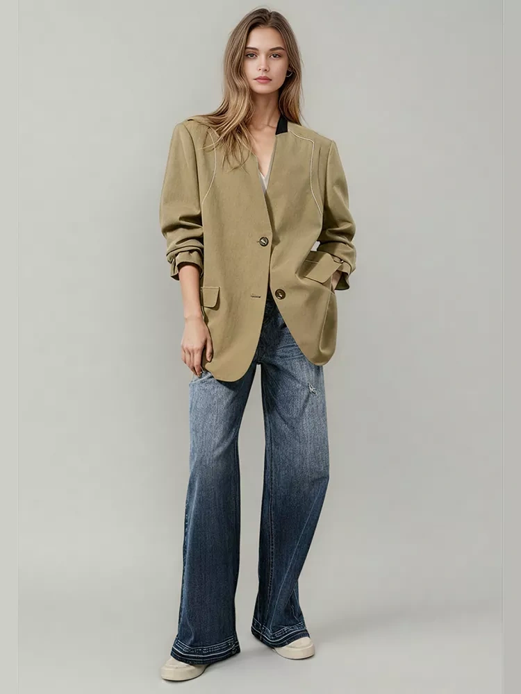 TWOTWINSTYLE Hit Color Deep V-neck Chic Casual Jacket