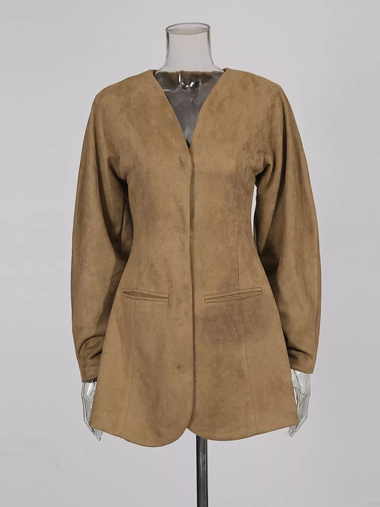 TWOTWINSTYLE Solid Vintage Minimalist V-neck Jacket