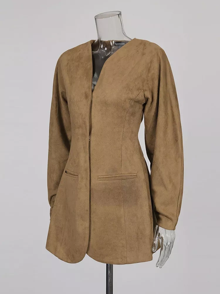 TWOTWINSTYLE Solid Vintage Minimalist V-neck Jacket