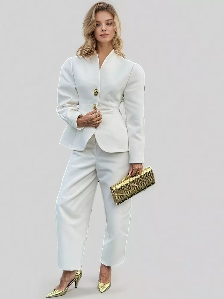 TWOTWINSTYLE Temperament Solid V-neck Spliced Buttons Two Piece Set