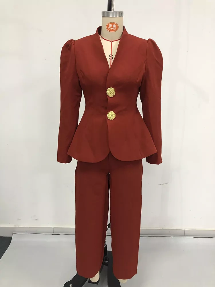 TWOTWINSTYLE Temperament Solid V-neck Spliced Buttons Two Piece Set