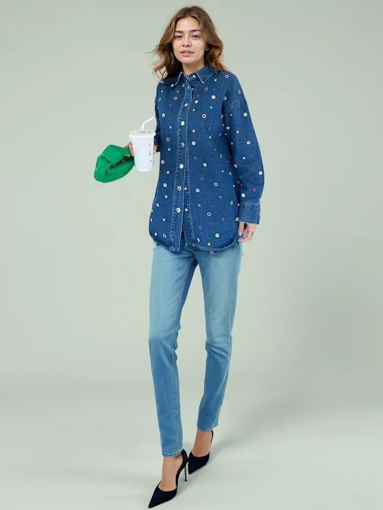 TWOTWINSTYLE Vintage Denim Casual Patchwork Diamonds Lapel Shirts