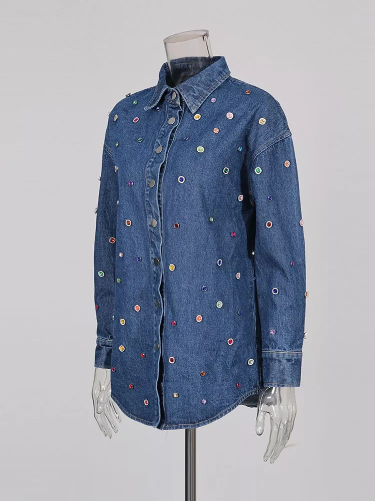 TWOTWINSTYLE Vintage Denim Casual Patchwork Diamonds Lapel Shirts