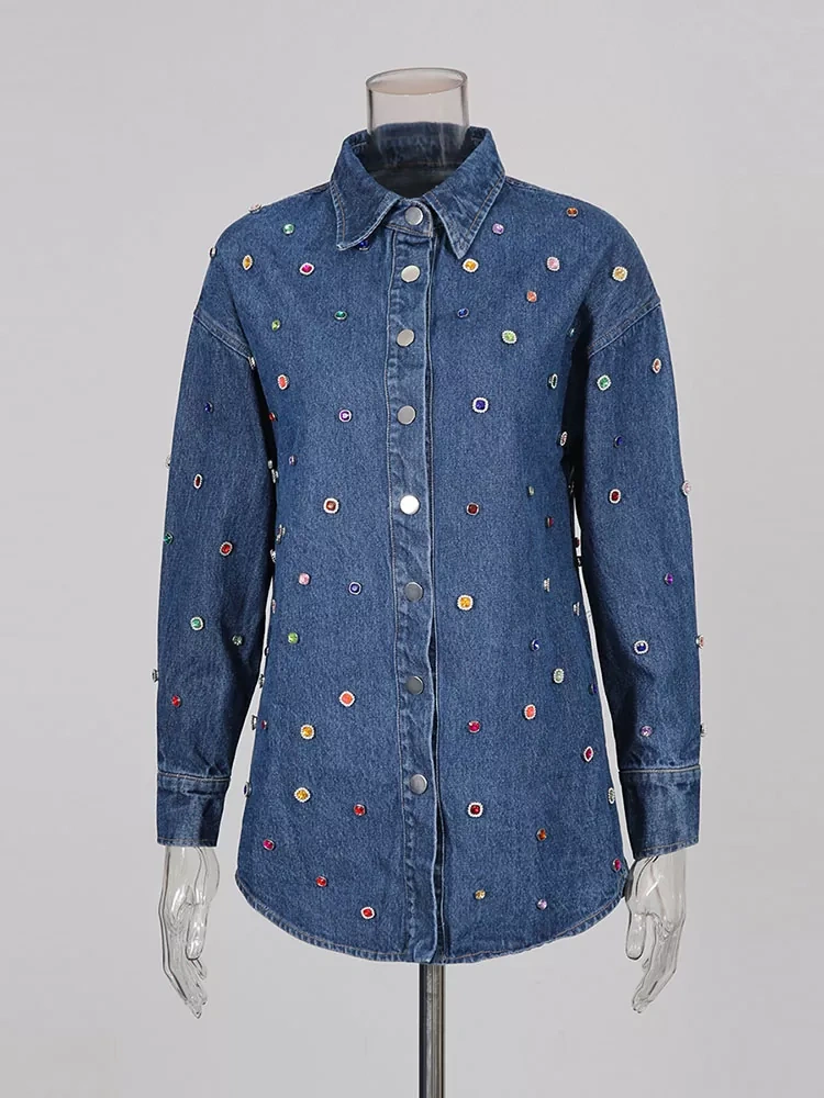 TWOTWINSTYLE Vintage Denim Casual Patchwork Diamonds Lapel Shirts