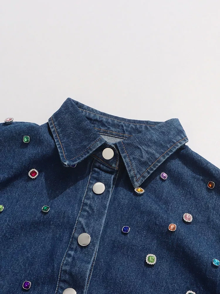 TWOTWINSTYLE Vintage Denim Casual Patchwork Diamonds Lapel Shirts