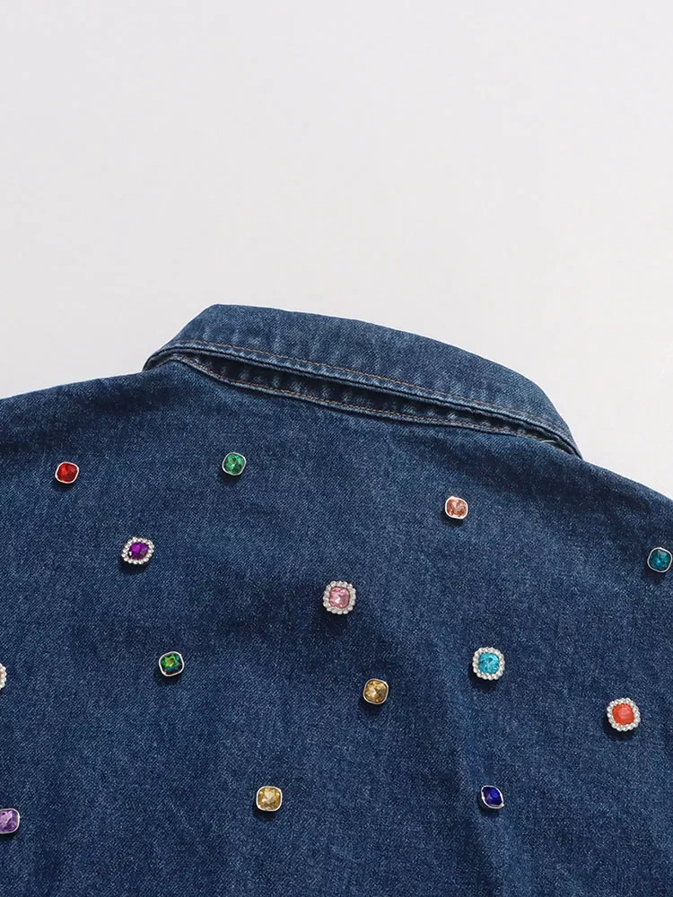 TWOTWINSTYLE Vintage Denim Casual Patchwork Diamonds Lapel Shirts