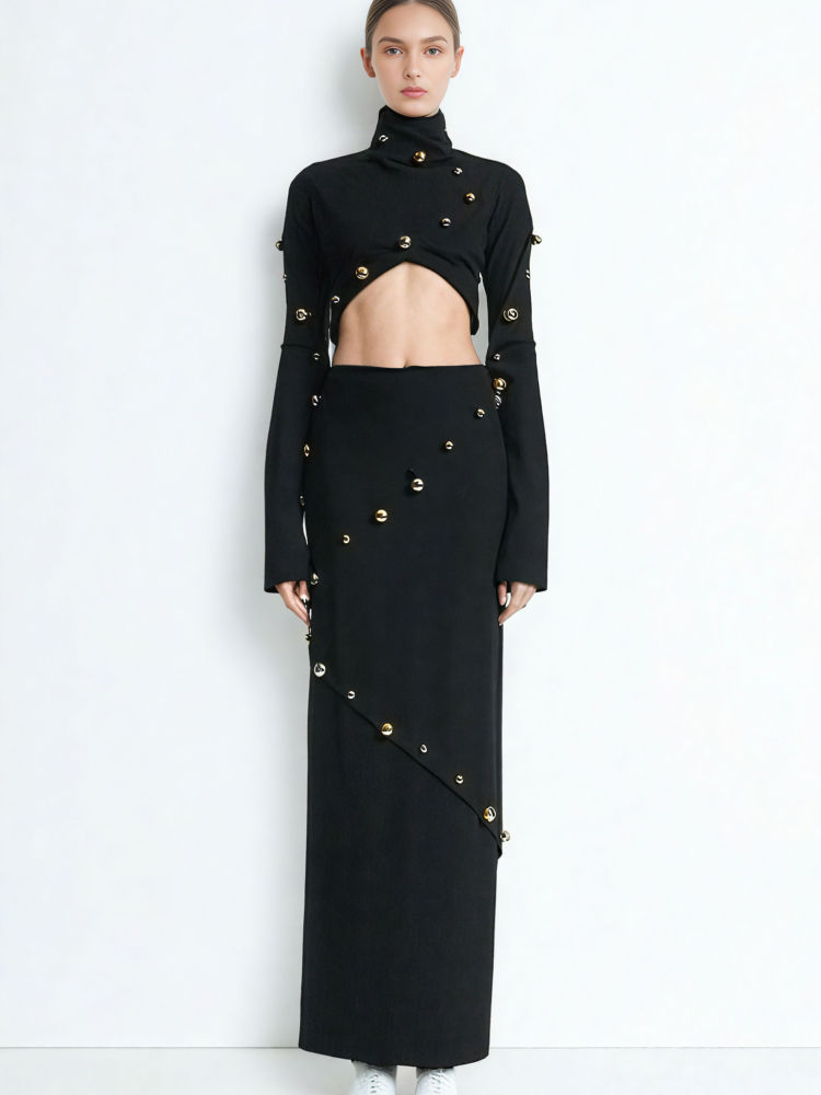 TWOTWINSTYLE Button Decoration Short Crop Top+Skirt Two Piece Set
