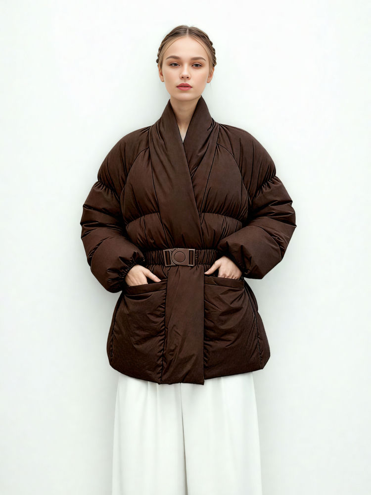 TWOTWINSTYL Solid Belt Temperament Fashion Vertical collar Down Jacket