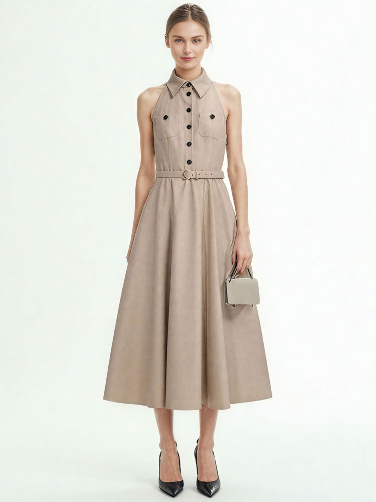 TWOTWINSTYLE Lapel Off Shoulde Temperament Mid Dress