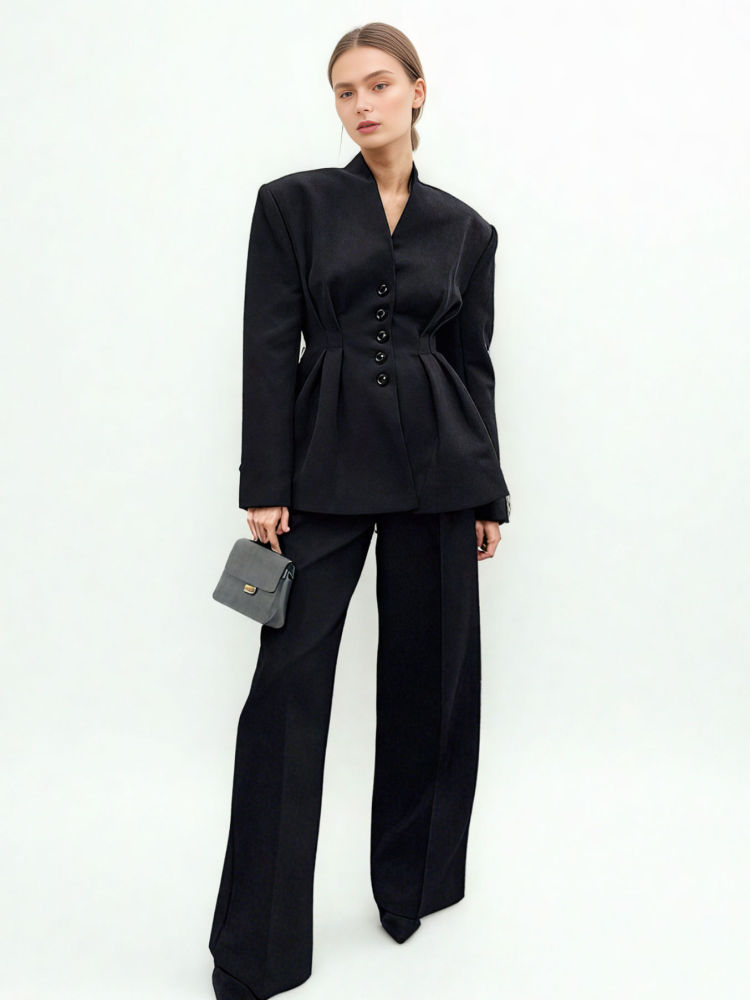 TWOTWINSTYLE V-neck Pleated Tunic Blazer Two Piece Set