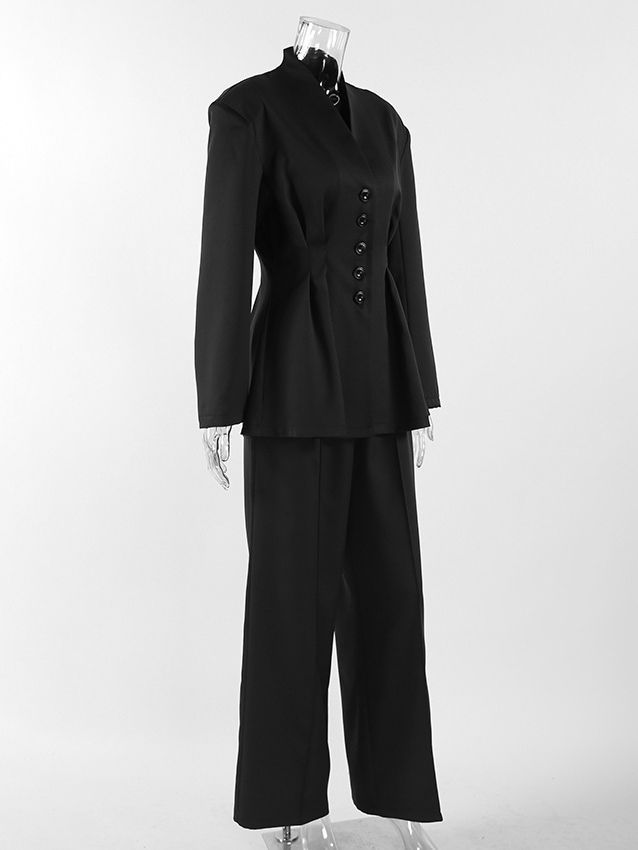 TWOTWINSTYLE V-neck Pleated Tunic Blazer Two Piece Set