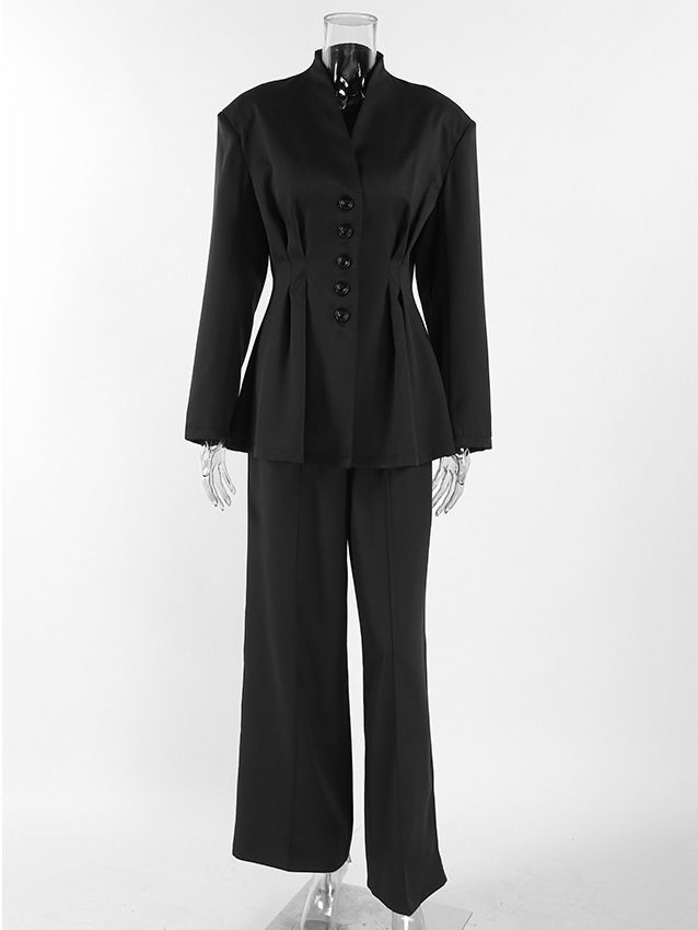 TWOTWINSTYLE V-neck Pleated Tunic Blazer Two Piece Set