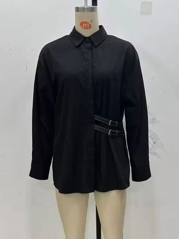 TWOTWINSTYLE Solid Stand Collar patchwork Belt Shirt