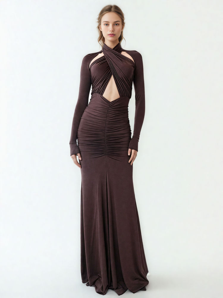TWOTWINSTYLE Hollow Out Pleated Temperament Midi Dress