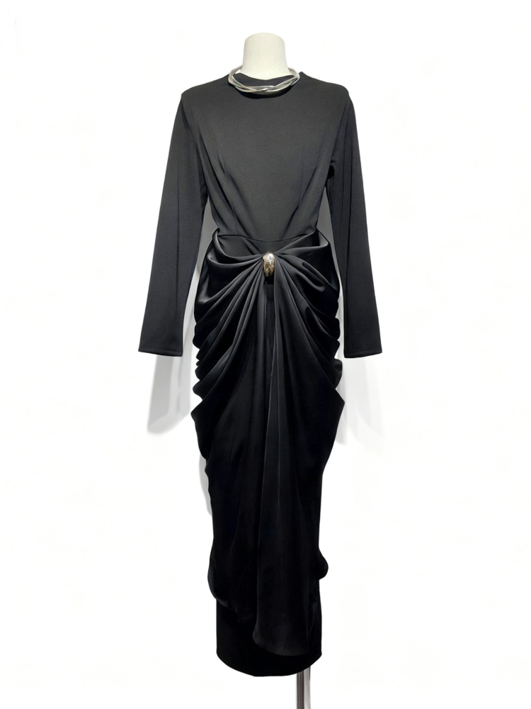 TWOTWINSTYLE Temperament Patchwork Button Midi Dress