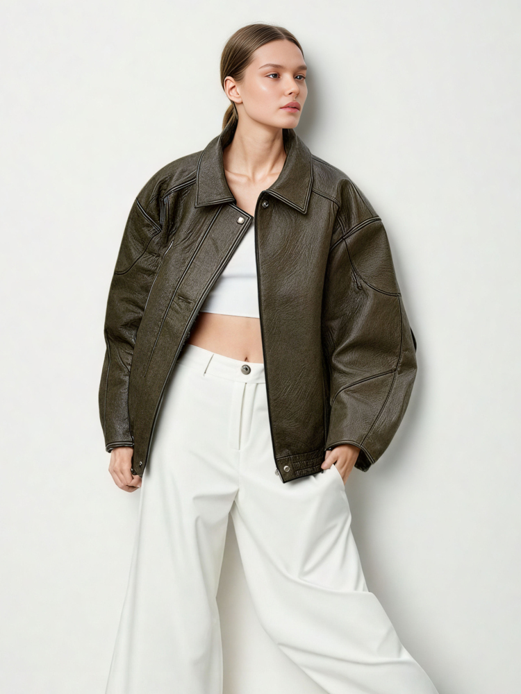 TWOTWINSTYLE Fashion Lapel Pu Leathe Coat
