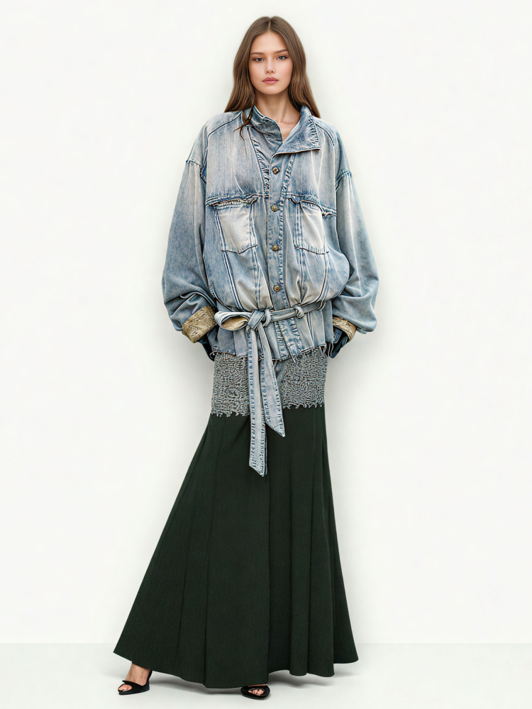 TWOTWINSTYLE Vintage Colorblock Casual Denim Cost