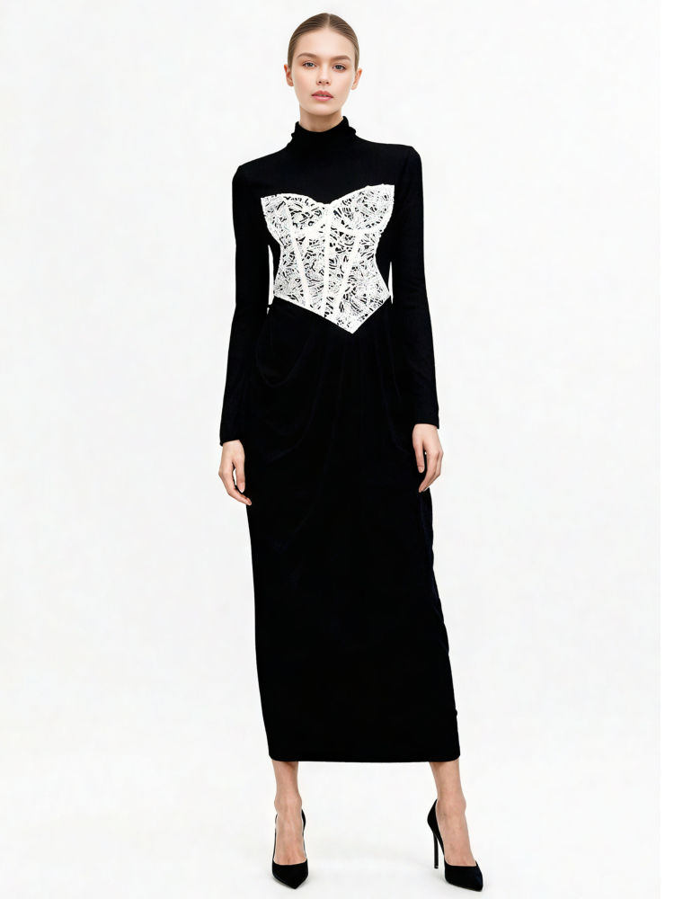 TWOTWINSTYLE Temperament Stand Collar Spliced Lace Dress