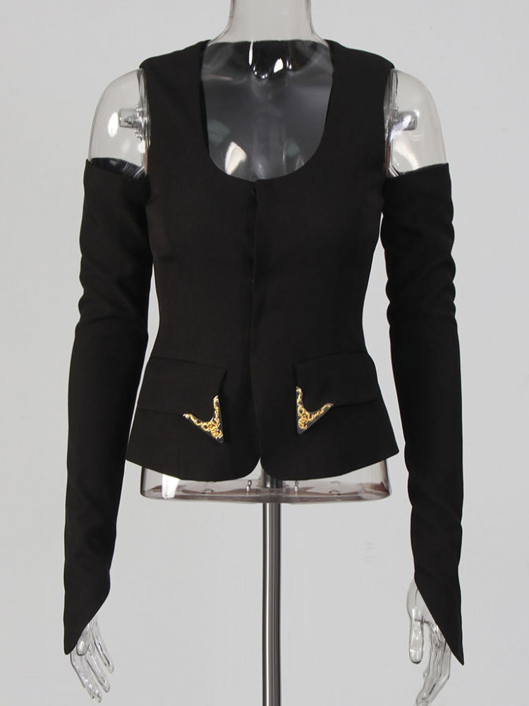 TWOTWINSTYLE Round Neck Off Shoulder Solid Jacket