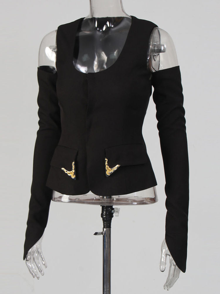 TWOTWINSTYLE Round Neck Off Shoulder Solid Jacket