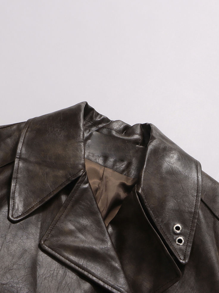 TWOTWINSTYLE PU Leather Solid V-neck Lapel Jacket