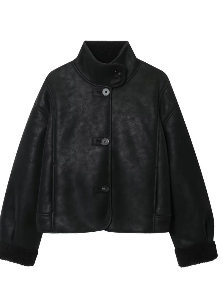 TWOTWINSTYLE Casual Stand Collar PU Leather Coat
