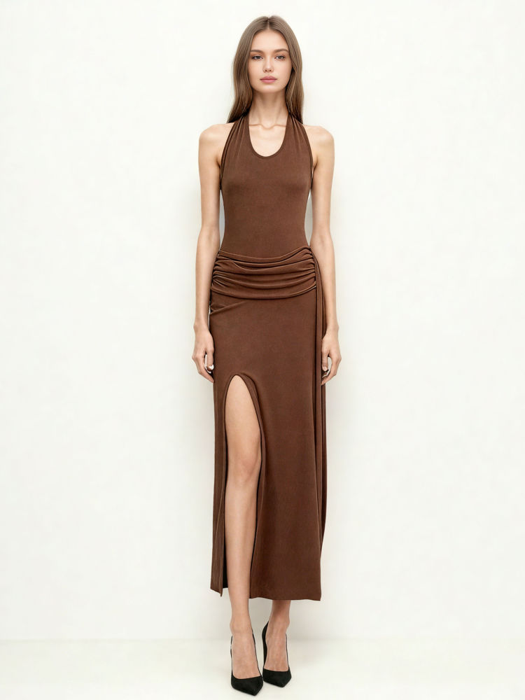 TWOTWINSTYLE Off Shoulder Side Split Ruched Midi Dress
