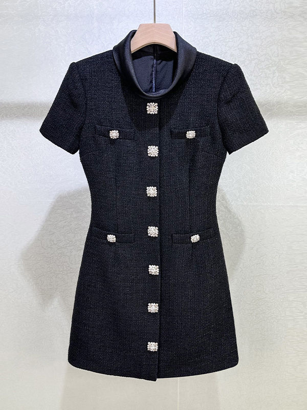 TWOTWINSTYLE Stand Collar Patchwork Button Mini Dress