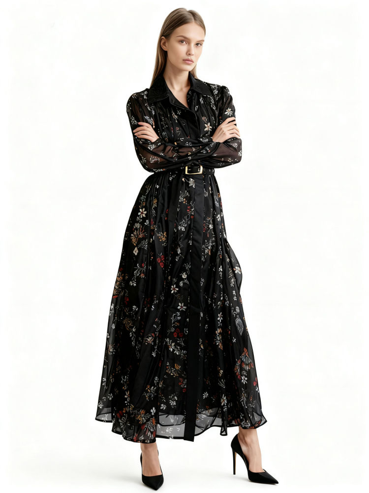 TWOTWINSTYLE Print Lapel Elegant Midi Dress