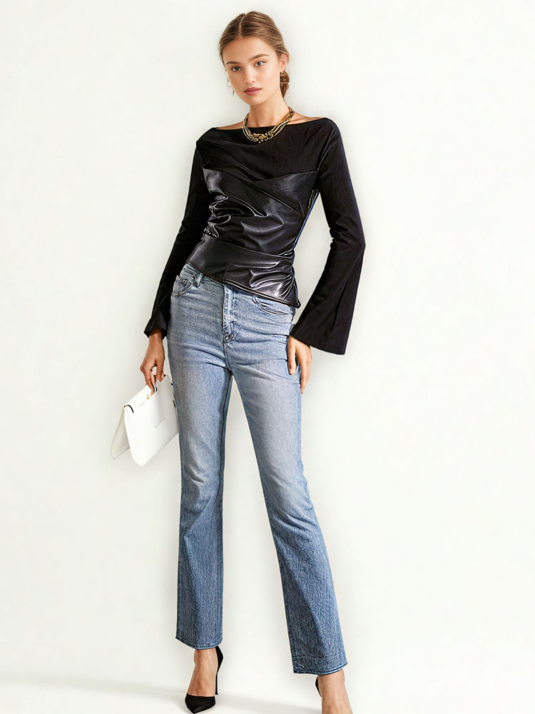TWOTWINSTYLE Spliced PU Leather Slimming Top