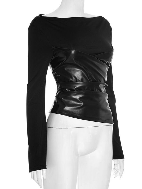 TWOTWINSTYLE Spliced PU Leather Slimming Top