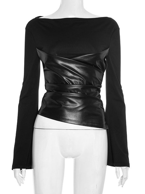 TWOTWINSTYLE Spliced PU Leather Slimming Top