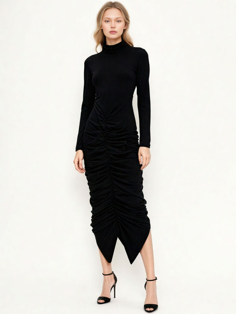 TWOTWINSTYLE Stand Collar Pleated Temperament Midi Dress