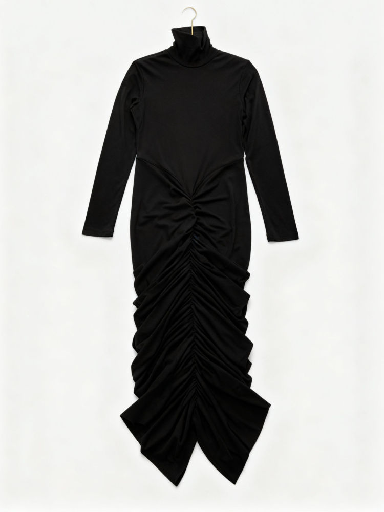 TWOTWINSTYLE Stand Collar Pleated Temperament Midi Dress