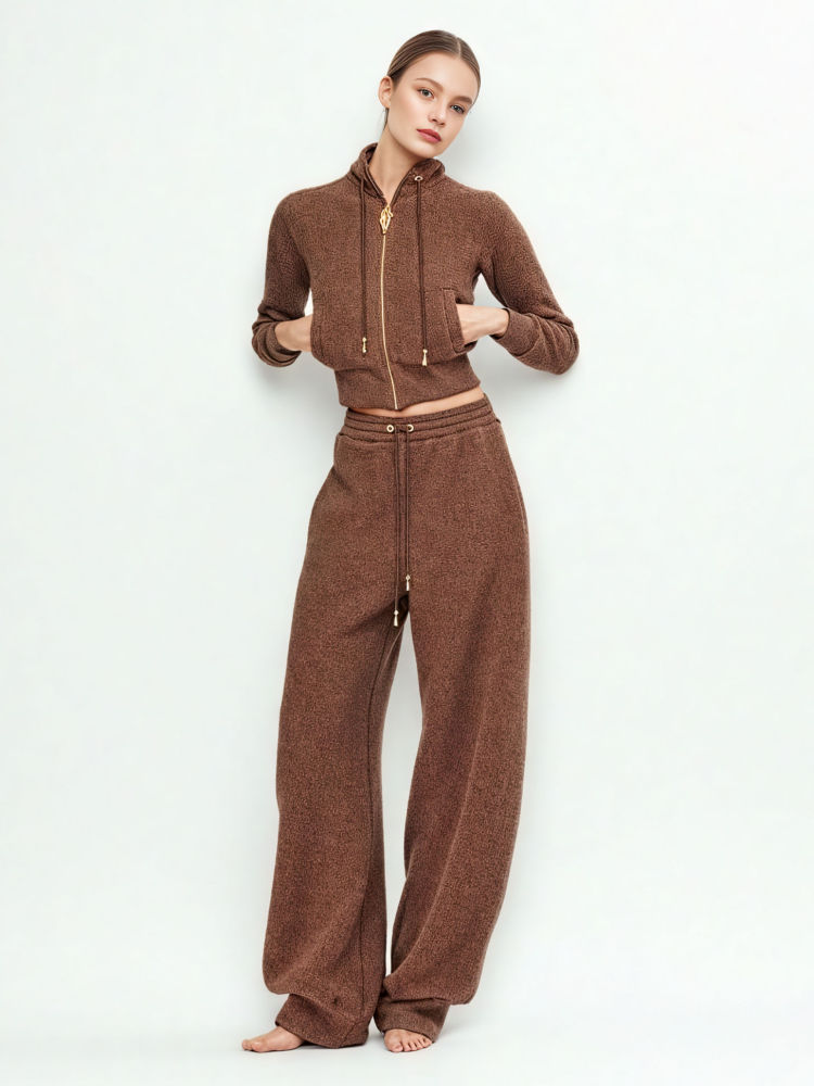 TWOTWINSTYLE Spliced Zipper Stand Collar Top Loose Pants Two Piece Set