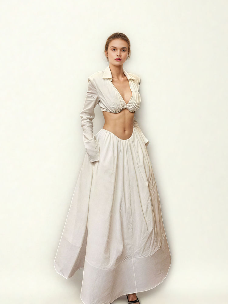 TWOTWINSTYLE V-neck Sexy Crop Top Minimalist Skirt Two Piece Set